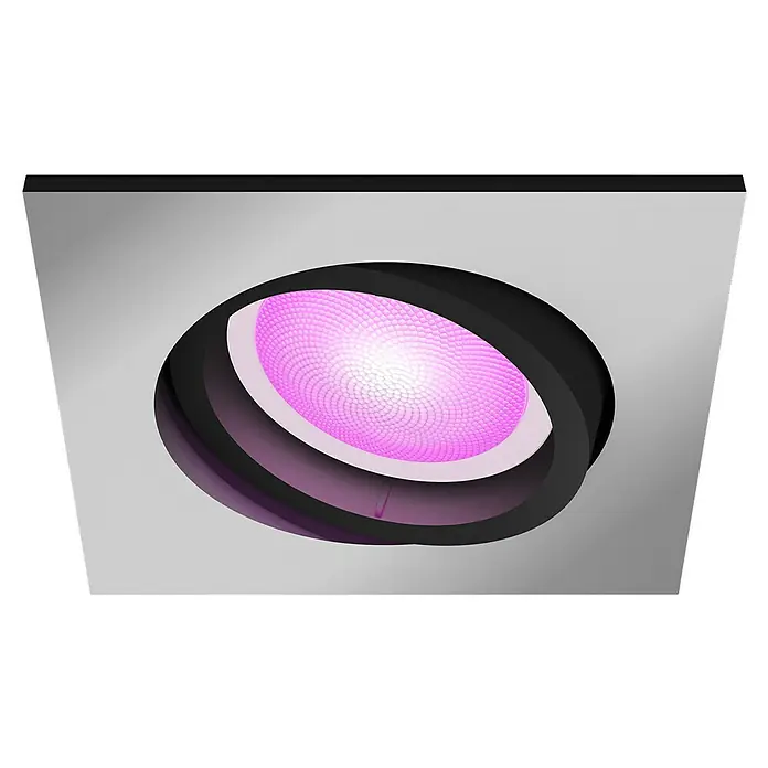 Philips Hue LED-Einbauleuchte White and Color Ambience Centura - 4,2 W, L x B x H: 10 x 9 x 9 cm, Silber, RGBW - Deckeneinbaustrahler mit futuristischem Design und auffälligem, pinkfarbenem Lichtelement für moderne Innenräume.