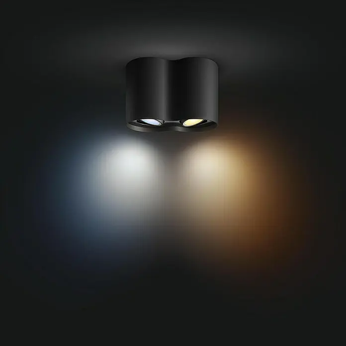Philips Hue LED-Deckenstrahler White Ambience Pillar - 4,2 W, L x B x H: 19,3 x 10,3 x 12 cm, Weiß, Neutralweiß - Schwarze Doppelstrahler-Deckenleuchte mit warmweißem und kaltweißem Licht für eine stilvolle Beleuchtung im Raum.