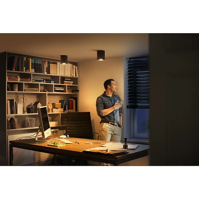 Philips Hue LED-Deckenstrahler White Ambiance Pillar - 4,2 W, L x B x H: 10,3 x 10,3 x 12 cm, Schwarz, Neutralweiß - Ein moderner Büroraum mit fokussierter Beleuchtung durch stilvolle Deckenleuchten, die eine angenehme Arbeitsatmosphäre schaffen.
