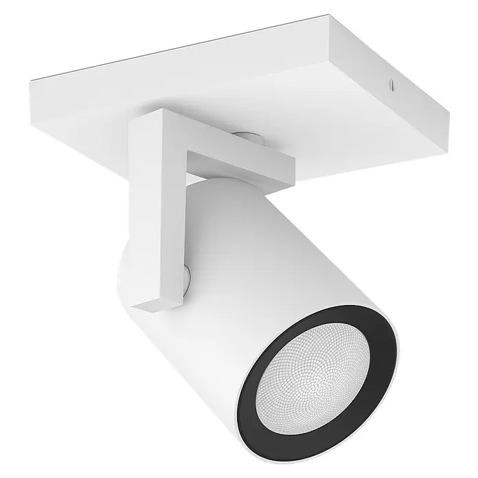 Philips Hue LED-Deckenstrahler White and Color Ambience Argenta - 4,2 W, L x B x H: 9 x 10,63 x 19 cm, Weiß, RGBW, Anzahl Leuchtmittel: 1 Stk. - Eine Nahaufnahme einer modernen, weißen Deckenleuchte mit schwarzem Rand, die ein elegantes und funktionales Design aufweist.