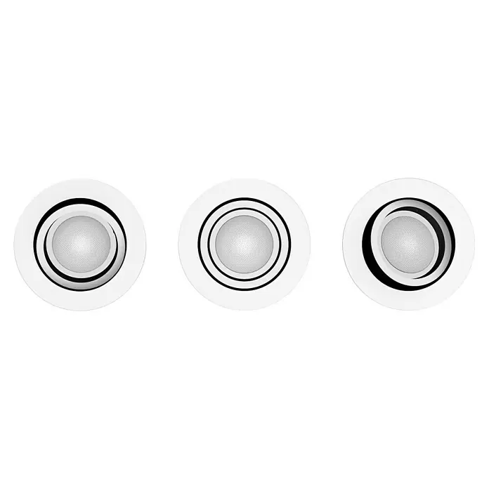 Philips Hue LED-Einbauleuchten-Set rund White Ambience Recessed Milliskin - 4,2 W, Ø x H: 9 x 10 cm, Weiß, 3 Stk., Kaltweiß - Das Bild zeigt drei runde Deckenleuchten in Weiß und Schwarz, die miteinander verbunden sind und ein modernes Design aufweisen.
