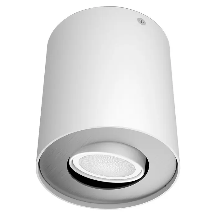 Philips Hue LED-Deckenstrahler White Ambiance Pillar Erweiterung - L x B x H: 10,3 x 10,3 x 12 cm, Weiß, Neutralweiß - Nahaufnahme einer modernen, weißen Deckenleuchte mit silberfarbenen Akzenten, die ein minimalistisches Design aufweist.