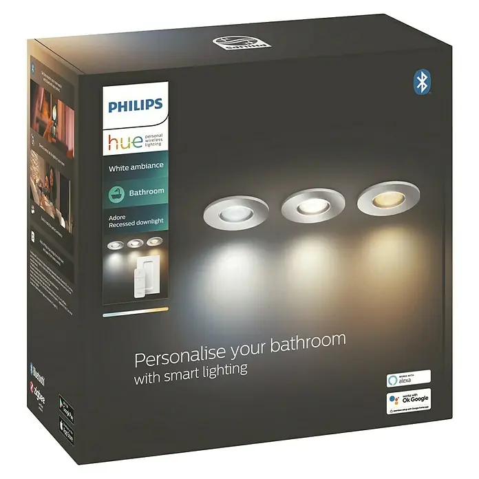 Philips Hue LED-Einbauleuchten-Set White Ambience - 4,2 W, L x B x H: 7 x 9,45 x 9,45 cm, Chrome, 3 Stk., Neutralweiß - Produktbild der Philips Hue Adore Badezimmer-Einbaustrahler-Box, die smarte Beleuchtung für ein personalisiertes Badezimmerambiente ermöglicht.