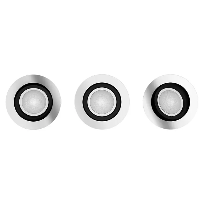 Philips Hue LED-Einbauleuchten-Set rund White Ambience Recessed Milliskin - 4,2 W, Ø x H: 9 x 10 cm, Alu, 3 Stk., Kaltweiß - Drei runde Deckenlautsprecher in Silber und Weiß mit schwarzem Akzent. Das Design ist modern und minimalistisch gehalten.
