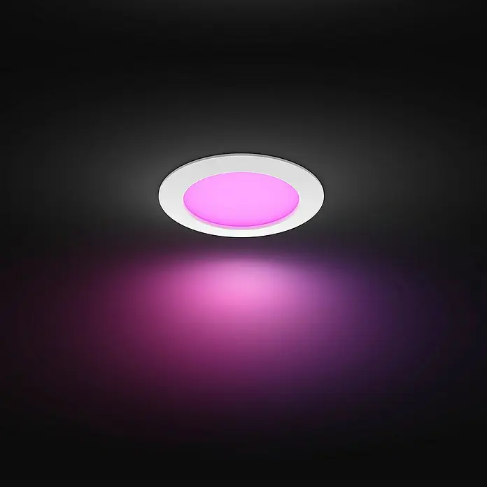 Philips Hue LED-Einbauspot White & Color Ambience Slim Recessed L - 12 W, RGBW, Durchmesser: 17 cm, 1 Stk., Weiß - Einbaustrahler mit farbigem Licht. Die Deckenleuchte strahlt in einem sanften Pink und taucht den Raum in angenehmes Licht.