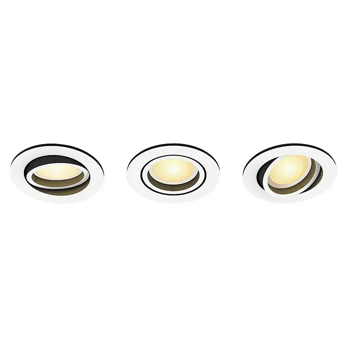 Philips Hue LED-Einbauleuchten-Set rund White Ambience Recessed Milliskin - 4,2 W, Ø x H: 9 x 10 cm, Weiß, 3 Stk., Kaltweiß - Deckenleuchten-Set mit runden, weißen Rahmen und goldenen Akzenten, ideal für moderne Innenräume und stimmungsvolle Beleuchtung.