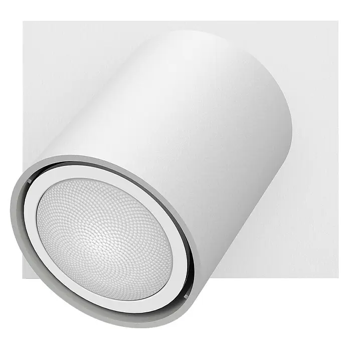Philips Hue LED-Deckenstrahler White Ambience Runner Erweiterung - 4,2 W, L x B x H: 9 x 11 x 10,7 cm, Weiß, Mehrfarbig - Nahaufnahme einer modernen, weißen Deckenleuchte mit einem strukturierten, runden Leuchtmittel. Elegantes Design für stilvolle Innenräume.