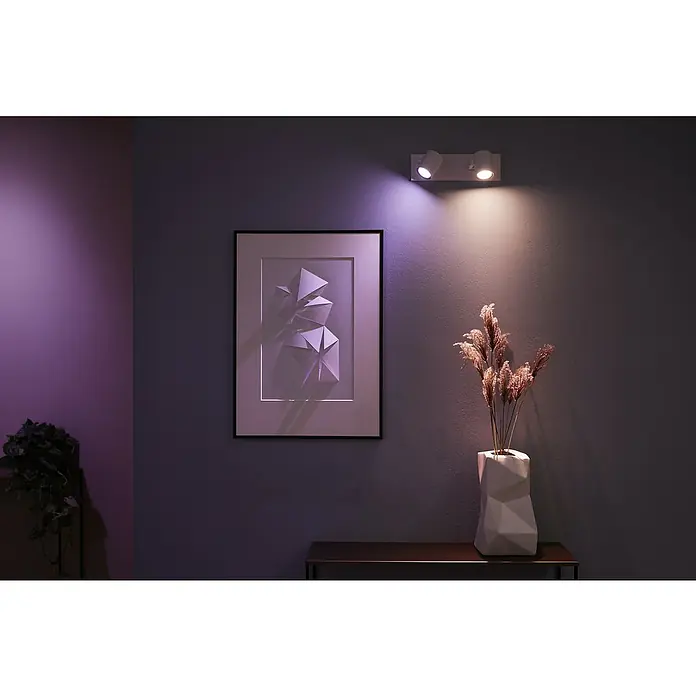 Philips Hue LED-Deckenstrahler White and Color Ambience Argenta - 4,2 W, L x B x H: 30,5 x 8,9 x 12,6 cm, Weiß, RGBW - Eine moderne Wandleuchte beleuchtet ein Kunstwerk und eine Vase mit Trockenblumen, was eine elegante Atmosphäre schafft.