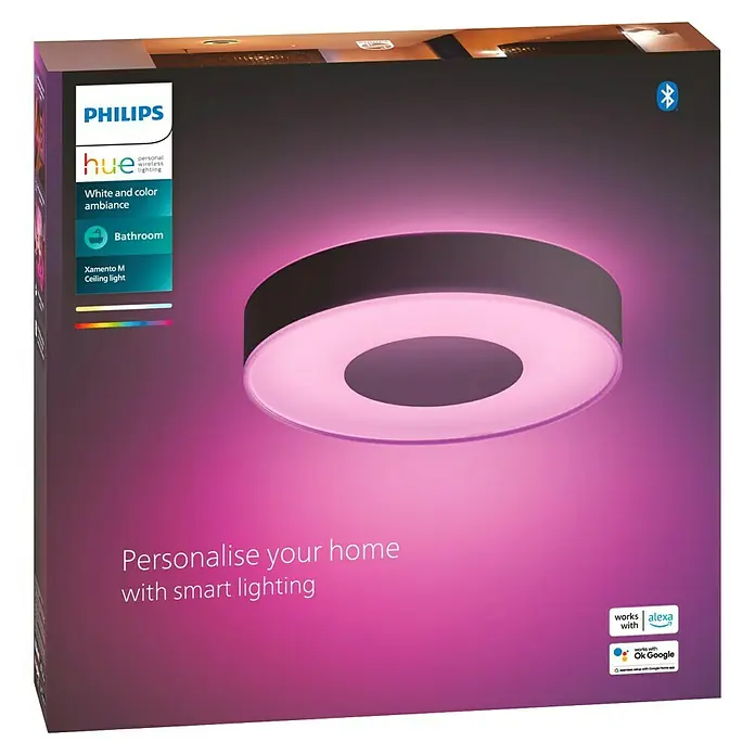 Philips Hue LED-Deckenleuchte rund Xamento - 33 W, Ø x H: 38,1 x 8,4 cm, Schwarz, RGBW - Nahaufnahme der Verpackung für die Philips Hue Xamento M Deckenleuchte, die intelligentes Licht für Ihr Zuhause verspricht.