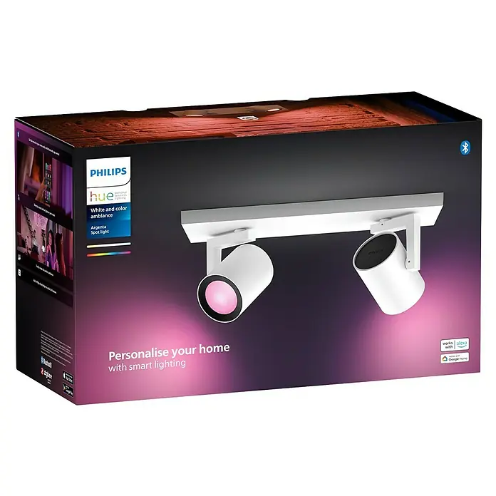 Philips Hue LED-Deckenstrahler White and Color Ambience Argenta - 4,2 W, L x B x H: 30,5 x 8,9 x 12,6 cm, Weiß, RGBW - Verpackung einer Philips Hue Argenta Doppel-Spotleuchte mit Farbwiedergabe und intelligenter Steuerung für ein personalisiertes Zuhause.