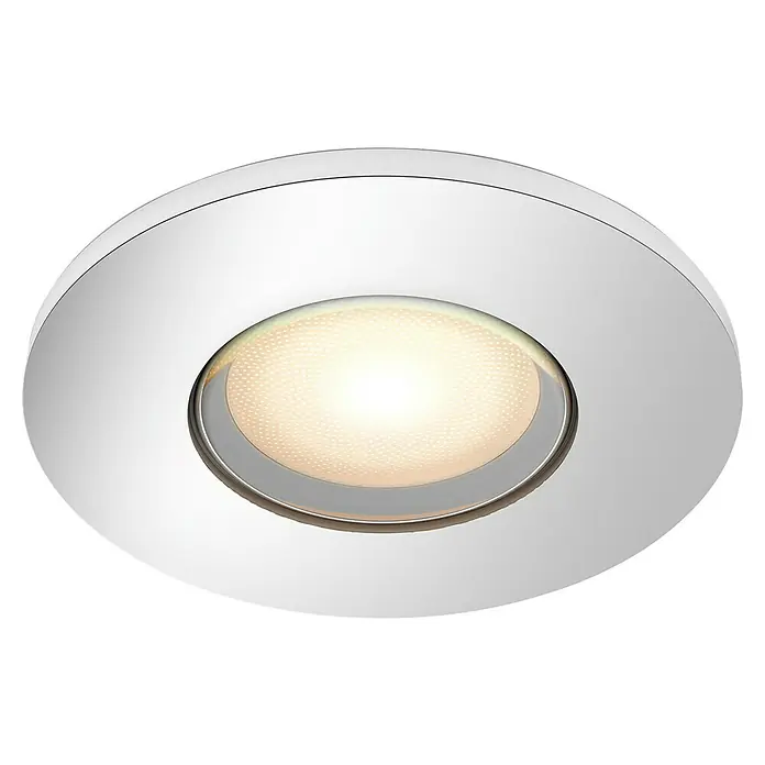 Philips Hue LED-Einbauleuchte rund White Ambience Adore - 4,2 W, Chrome, Neutralweiß, 1 Stk. - Nahaufnahme einer runden, weißen LED-Deckenleuchte mit einem hellen, diffusen Licht, ideal für moderne Innenräume.