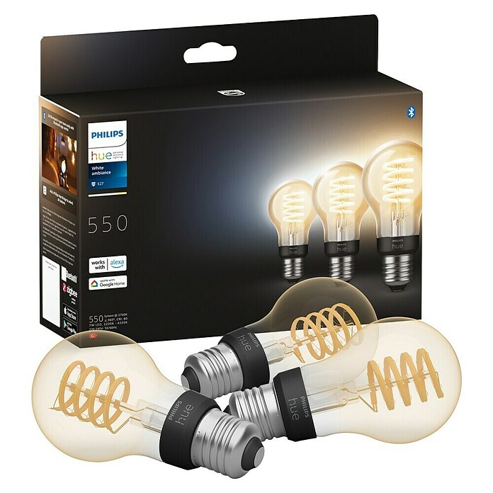 Philips Hue Smart-LED-Lampe White Ambiance Filament (E27, Dimmbar, Warmweiß, 550 lm, 7 W, Lampenbezeichnung: G93, 3 Stk.) | BAUHAUS