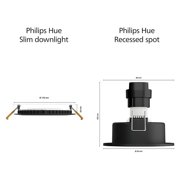 Philips Hue LED-Einbauspot White & Color Ambience Slim Recessed L - 12 W, RGBW, Durchmesser: 17 cm, 1 Stk., Schwarz - Produktabbildung: Philips Hue Slim Downlight und Philips Hue Einbaustrahler mit Maßangaben, um ihre jeweiligen Größen und Designs zu vergleichen.