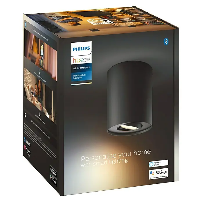 Philips Hue LED-Deckenstrahler White Ambiance Pillar Erweiterung - L x B x H: 10,3 x 10,3 x 12 cm, Schwarz, Neutralweiß - Eine Nahaufnahme der Verpackung für eine Philips Hue Pillar Spot Light Extension in Weiß Ambiente mit Smart-Home-Integration.