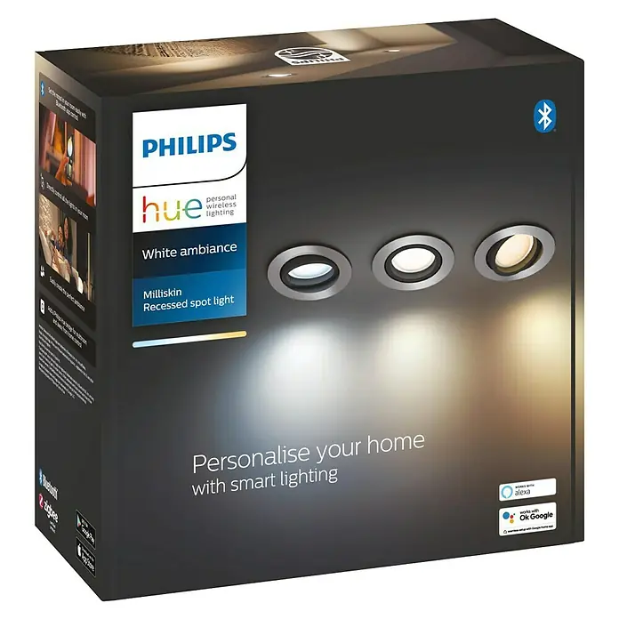 Philips Hue LED-Einbauleuchten-Set rund White Ambience Recessed Milliskin - 4,2 W, Ø x H: 9 x 10 cm, Alu, 3 Stk., Kaltweiß - Verpackung von Philips Hue Milliskin LED-Einbauspots mit Weißlicht-Ambiente für eine personalisierte smarte Beleuchtung im ganzen Haus.
