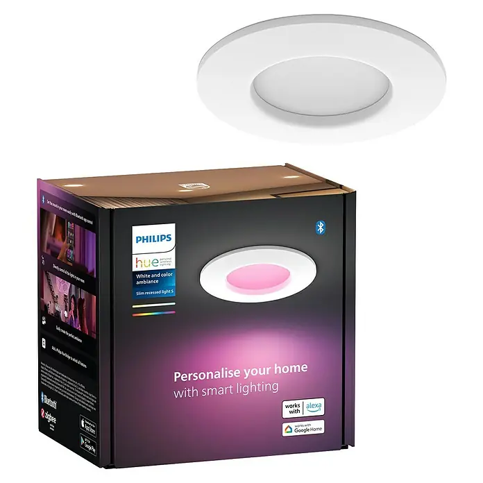 Philips Hue LED-Einbauspot White & Color Ambience Slim Recessed S - 8,3 W, RGBW, Durchmesser: 9 cm, 1 Stk., Weiß - Philips Hue White und Color Ambiance Slim Einbaustrahler im Karton und als Einzelbild, smarte Beleuchtung für Ihr Zuhause.