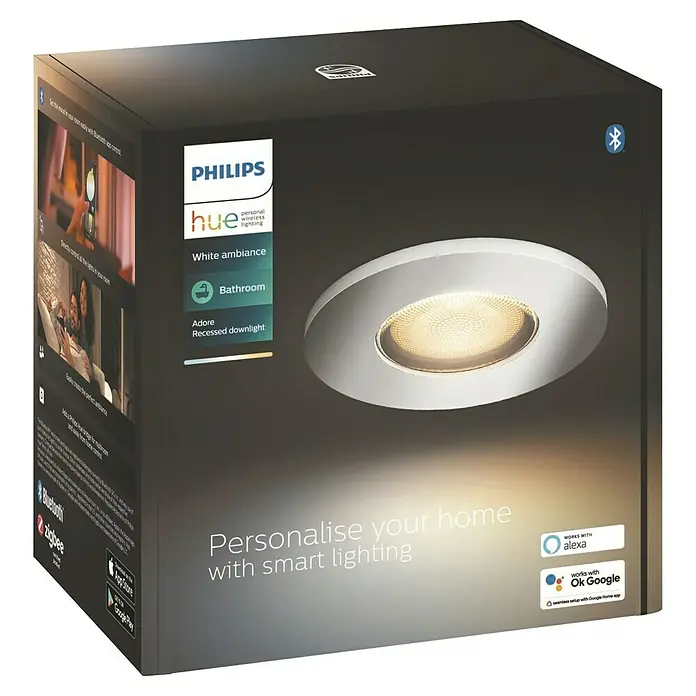 Philips Hue LED-Einbauleuchte rund White Ambience Adore - 4,2 W, Chrome, Neutralweiß, 1 Stk. - Die Verpackung einer Philips Hue Adore LED-Einbauleuchte für Badezimmer mit smarter Beleuchtung, kompatibel mit Alexa und Google Assistant.