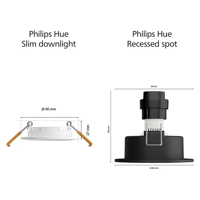 Philips Hue LED-Einbauspot White & Color Ambience Slim Recessed S - 8,3 W, RGBW, Durchmesser: 9 cm, 1 Stk., Weiß - Philips Hue Slim Downlight und Recessed Spot im Größenvergleich.