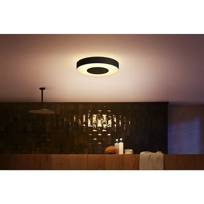 Philips Hue LED-Deckenleuchte rund Xamento - 33 W, Ø x H: 38,1 x 8,4 cm, Schwarz, RGBW - Deckenleuchte mit ringförmigem Lichtdesign, die eine moderne und stilvolle Beleuchtung im Badezimmer erzeugt.
