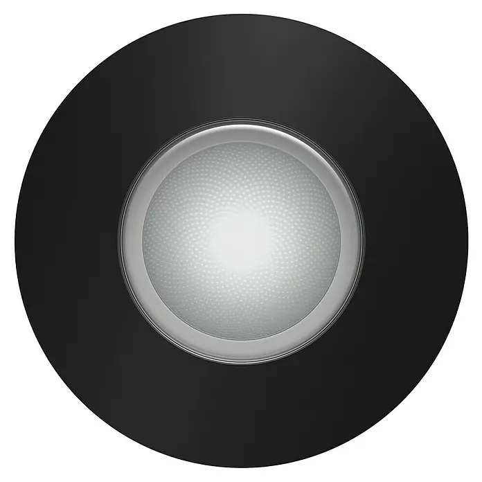 Philips Hue LED-Einbauspot White & Color Ambiance Xamento - RGBW, Durchmesser: 9,4 cm, Schwarz - Nahaufnahme einer schwarzen, runden LED-Deckenleuchte mit einem diffusen Licht, ideal für moderne Innenräume.