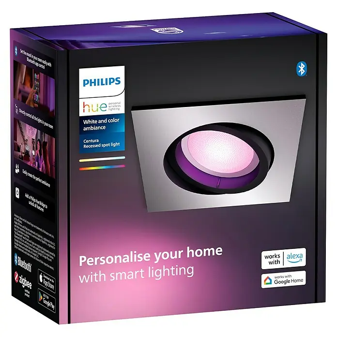 Philips Hue LED-Einbauleuchte White and Color Ambience Centura - 4,2 W, L x B x H: 10 x 9 x 9 cm, Silber, RGBW - Nahaufnahme der Verpackung des Philips Hue Centura LED-Einbauspots mit Farbwechselfunktion, kompatibel mit Alexa und Google Home.