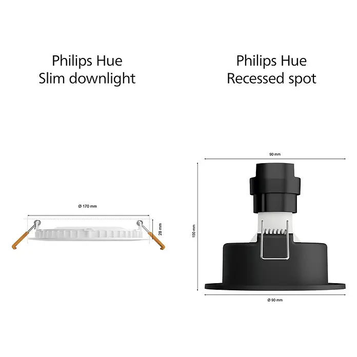 Philips Hue LED-Einbauspot White & Color Ambience Slim Recessed L - 12 W, RGBW, Durchmesser: 17 cm, 1 Stk., Weiß - Abbildung von Philips Hue Slim Downlight (Ø 170 mm) und Recessed Spot (90 mm Durchmesser, 100 mm Höhe).