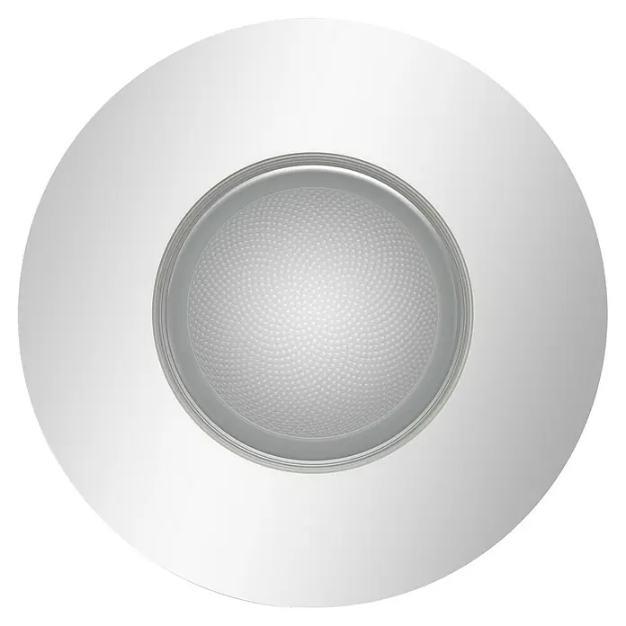 Philips Hue LED-Einbauleuchte rund White Ambience Adore - 4,2 W, Chrome, Neutralweiß, 1 Stk. - Nahaufnahme einer runden, eingelassenen Deckenleuchte mit weißem Rahmen und strukturierter, weißer Lichtfläche.