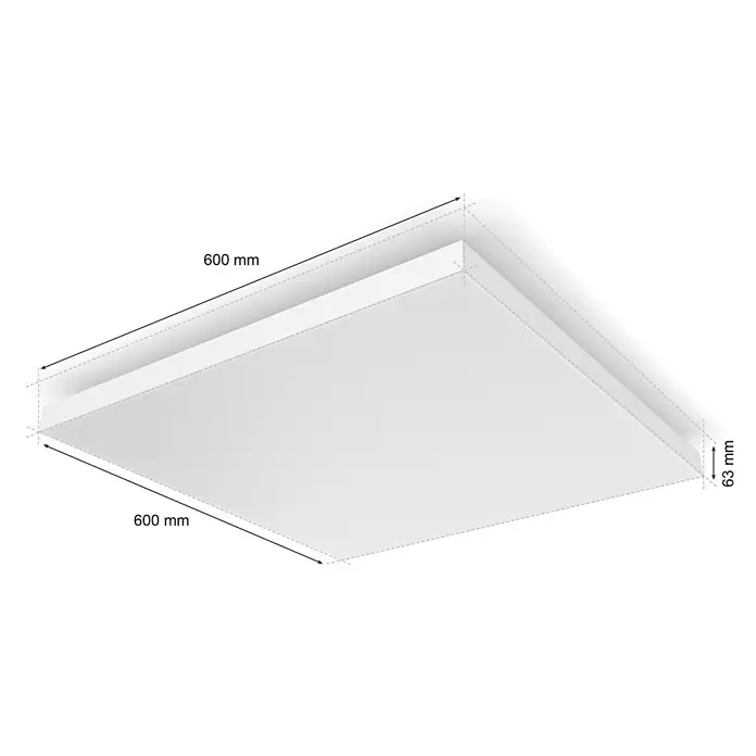 Philips Hue LED-Deckenleuchte Datura - 67 W, L x B x H: 60 x 60 x 5 cm, Weiß - Rechteckige LED-Panelleuchte mit den Maßen 600 x 600 mm und einer Höhe von 63 mm. Ideal für Büros und Wohnräume, bietet helles, gleichmäßiges Licht.