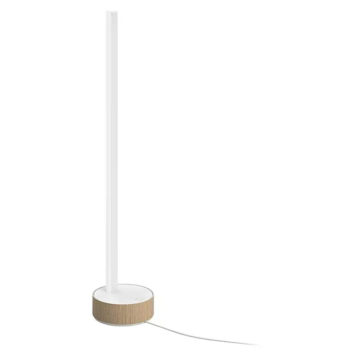 Philips Hue LED-Tischleuchte Signe Oak - 12 W, L x B x H: 11,15 x 11,15 x 55,3 cm, Weiß, RGBW - Moderne Stehleuchte mit schlankem, weißem Schirm und einem Sockel in Holzoptik. Stilvolle Beleuchtung für jeden Raum.