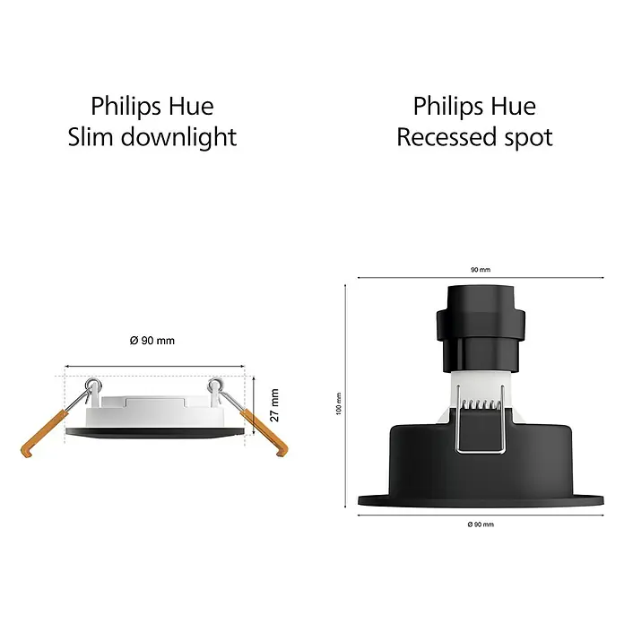Philips Hue LED-Einbauspot White & Color Ambience Slim Recessed S - 8,3 W, RGBW, Durchmesser: 9 cm, 1 Stk., Schwarz - Abbildung von Philips Hue Slim Downlight (90 mm Durchmesser, 27 mm hoch) und Philips Hue Einbaustrahler (90 mm Durchmesser, 100 mm hoch).