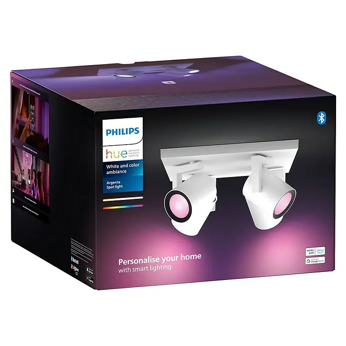 Philips Hue LED-Deckenstrahler White and Color Ambience Argenta - 16,8 W, L x B x H: 24 x 24 x 12,6 cm, Weiß, RGBW, Anzahl Leuchtmittel: 4 Stk. - Verpackung einer Philips Hue Argenta Spotleuchte für eine personalisierte Beleuchtung mit intelligenter Steuerung und Farbwechselfunktion.