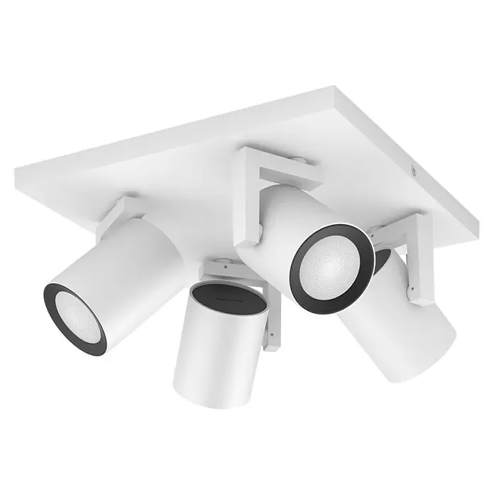 Philips Hue LED-Deckenstrahler White and Color Ambience Argenta - 16,8 W, L x B x H: 24 x 24 x 12,6 cm, Weiß, RGBW, Anzahl Leuchtmittel: 4 Stk. - Diese Aufnahme zeigt eine Deckenleuchte mit vier Strahlern in Weiß, die durch einen quadratischen Baldachin gehalten werden. Die Strahler sind zylindrisch geformt.