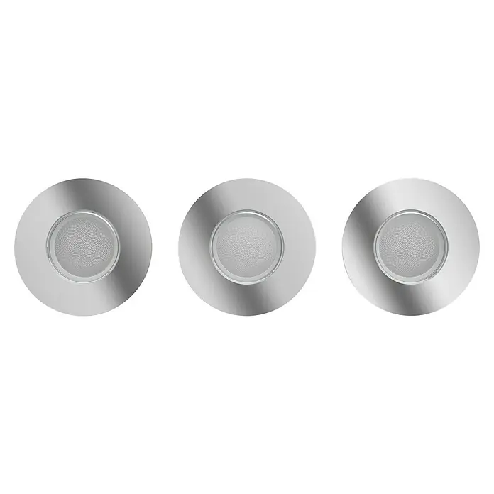 Philips Hue LED-Einbauleuchten-Set White Ambience - 4,2 W, L x B x H: 7 x 9,45 x 9,45 cm, Chrome, 3 Stk., Neutralweiß - Nahaufnahme von drei runden LED-Deckeneinbaustrahlern mit silberfarbenen Rahmen und diffusen Lichtabdeckungen.