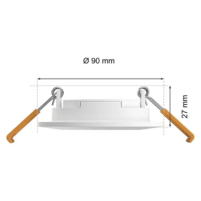 Philips Hue LED-Einbauspot White & Color Ambience Slim Recessed S - 8,3 W, RGBW, Durchmesser: 9 cm, 1 Stk., Weiß - Produktansicht eines LED-Einbaustrahlers mit Maßangaben, die dessen Durchmesser und Höhe hervorheben.