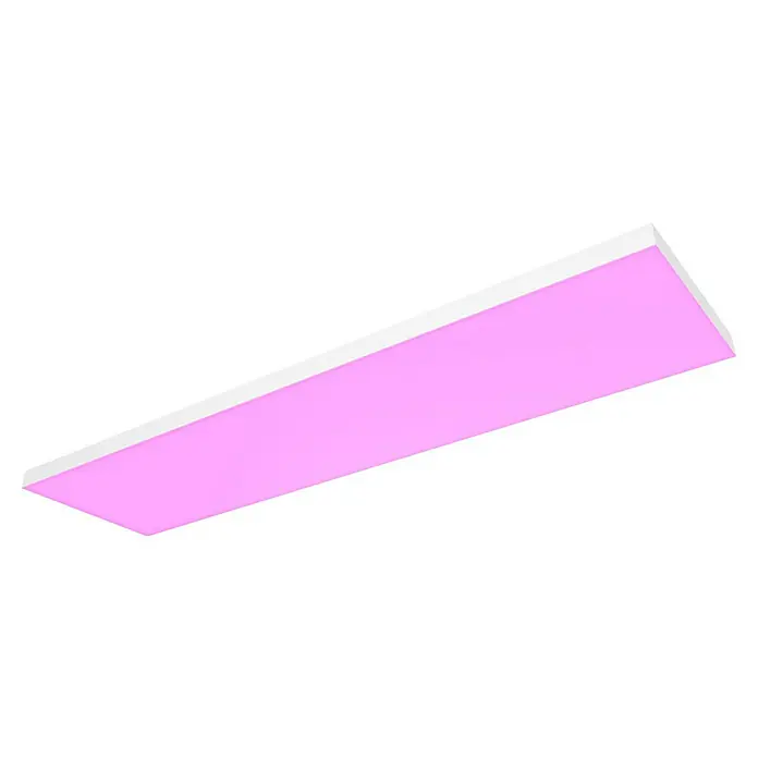 Philips Hue LED-Deckenleuchte Datura - 67 W, L x B x H: 120 x 30 x 5 cm, Weiß - Rosa Radiergummi mit weißem Rand auf schwarzem Hintergrund, der Schatten wirft, ideal zum Korrigieren von Bleistiftspuren.