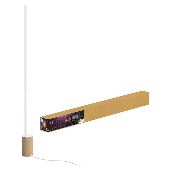 Philips Hue LED-Stehleuchte Signe - 29 W, Höhe: 145 cm, Weiß/ Oak, RGBW - Philips Hue Stehleuchte und Verpackung. Die schlanke, moderne Stehleuchte steht neben ihrer länglichen Verpackung.