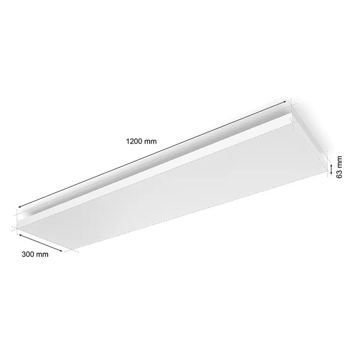Philips Hue LED-Deckenleuchte Datura - 67 W, L x B x H: 120 x 30 x 5 cm, Weiß - Dieses Bild zeigt eine LED-Lampe mit den Maßen 1200 mm Länge, 300 mm Breite und 63 mm Höhe. Die Lampe ist in einem schlichten, weißen Design gehalten.