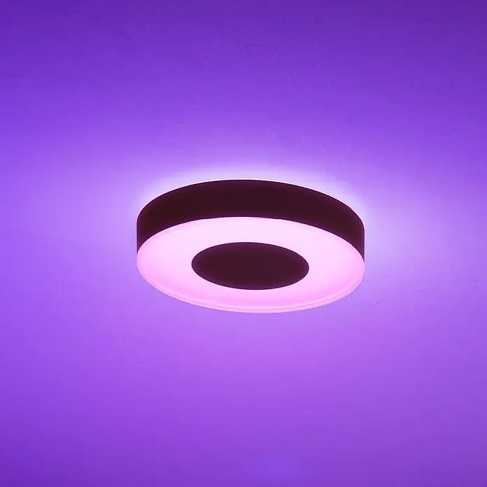 Philips Hue LED-Deckenleuchte rund Xamento - 33 W, Ø x H: 38,1 x 8,4 cm, Schwarz, RGBW - Moderne LED-Deckenleuchte mit ringförmigem Design und sanfter, violetter Beleuchtung für eine angenehme Atmosphäre.