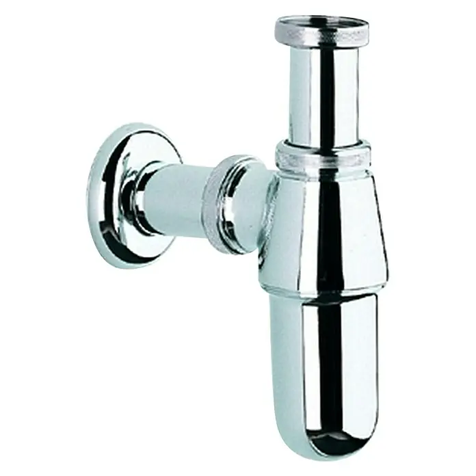Grohe Flaschen-Siphon - 1 ¼″, Durchmesser: 32 mm, Verchromt - Ein glänzender Siphon in Chrom-Optik, der an der Wand montiert ist, mit klaren Linien und robuster Bauweise für den täglichen Gebrauch.