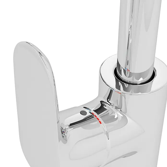 Hansgrohe Grifo de cocina Focus M41 - Caño en U, Cromo, Brillante - Primer plano de un grifo cromado brillante con indicadores de temperatura, que combina diseño moderno y funcionalidad.