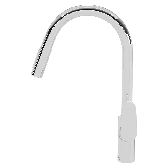 Hansgrohe Grifo de cocina Focus M41 - Cromo, Brillante - Una toma cercana de un grifo plateado y elegante con un caño curvo y un mango delgado, que añade un toque moderno a cualquier lavabo.