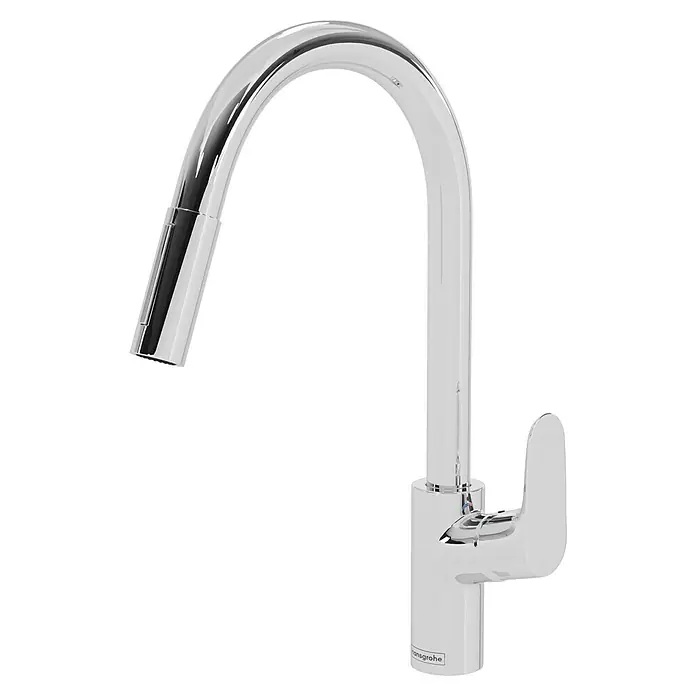 Hansgrohe Grifo de cocina Focus M41 - Cromo, Brillante - Primer plano de un grifo de cocina cromado Hansgrohe con un caño de arco alto y diseño moderno sobre un fondo negro.