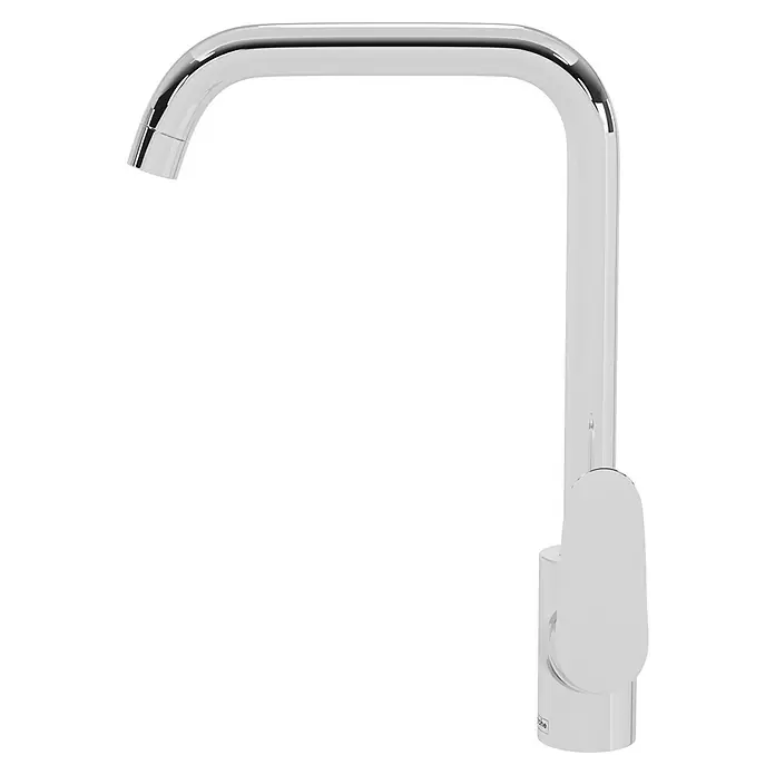 Hansgrohe Grifo de cocina Focus M41 - Caño en U, Cromo, Brillante - Primer plano de un grifo moderno y brillante con una forma minimalista y un diseño elegante, perfecto para baños contemporáneos.