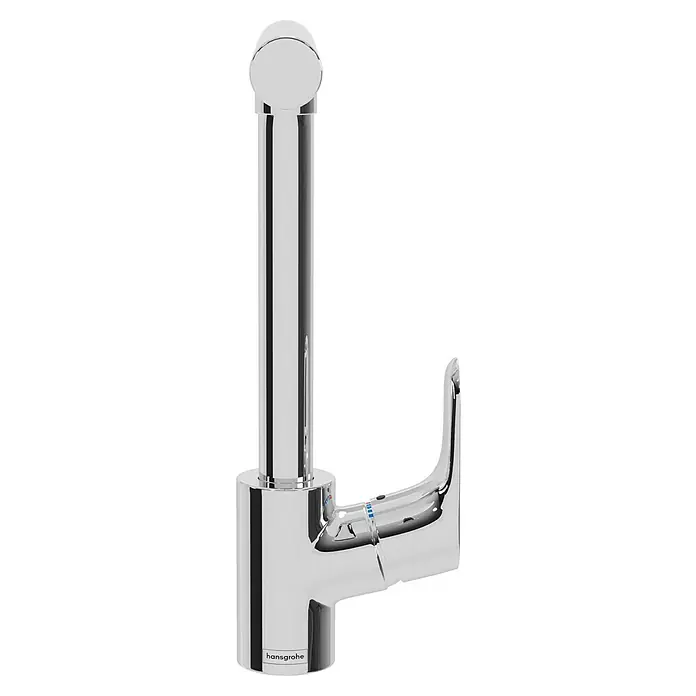 Hansgrohe Grifo de cocina Focus M41 - Caño en L, Cromo, Brillante - Primer plano de un grifo mezclador para lavabo Hansgrohe Metropol, elegante y de diseño moderno. Perfecto para baños.