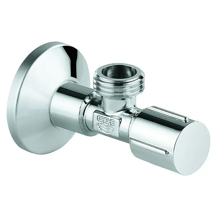 Grohe Eckventil - ½″, 1 Stk., Selbstdichtendes Anschlussgewinde - Nahaufnahme eines glänzenden Grohe Eckventils aus Chrom mit rundem Rosettenanschluss und seitlichem Abgang für Sanitäranwendungen.