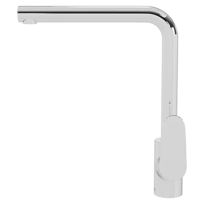 Hansgrohe Grifo de cocina Focus M41 - Caño en L, Cromo, Brillante - Primer plano de un moderno grifo cromado con líneas limpias y diseño minimalista, ideal para baños contemporáneos.