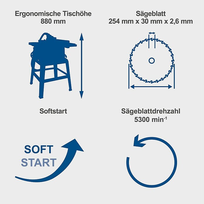 Scheppach Tischkreissäge HS254 (2 200 W, Durchmesser Sägeblatt: 254 mm, Schnitttiefe bei 90 °: 0 mm - 85 mm) | BAUHAUS