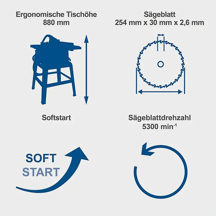 Scheppach Tischkreissäge HS254 - 2.200 W, Durchmesser Sägeblatt: 254 mm, Schnitttiefe bei 90 °: 0 mm - 85 mm - Produktdetails: Ergonomische Tischhöhe 880 mm, Sägeblatt 254 mm, Softstartfunktion, Sägeblattdrehzahl 5300 min-1.
