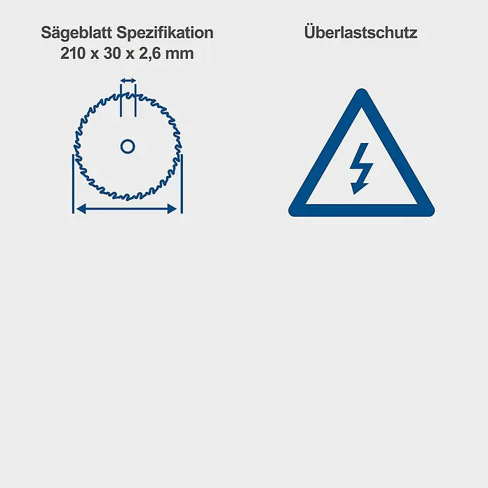 Scheppach Tischkreissäge HS210 - 1.500 W, Durchmesser Sägeblatt: 210 mm, Schnitttiefe bei 90 °: 0 mm - 70 mm - Abbildung zeigt eine Sägeblattspezifikation 210 x 30 x 2,6 mm und ein Warnsymbol für Überlastschutz.