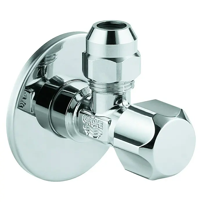 Grohe Eckventil 1 - ½″ x ⅜″, 1 Stk., Angerautes Gewinde - Eckventil von Grohe in glänzendem Chrom. Das Ventil hat einen markanten Griff und eine runde Rosette zur Wandbefestigung.